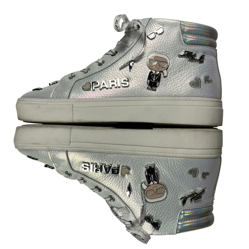 Karl Lagerfeld Paris Catty Iridescent White Leather High Top Sneakers Size 9.5